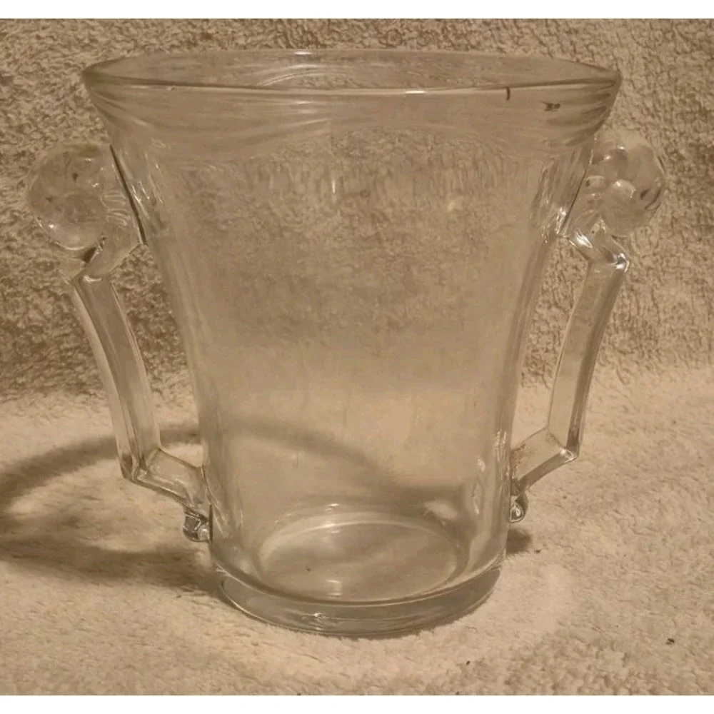 Vintage Clear Glass Ice‎ Bucket Style Container w/ Double Handles Barware